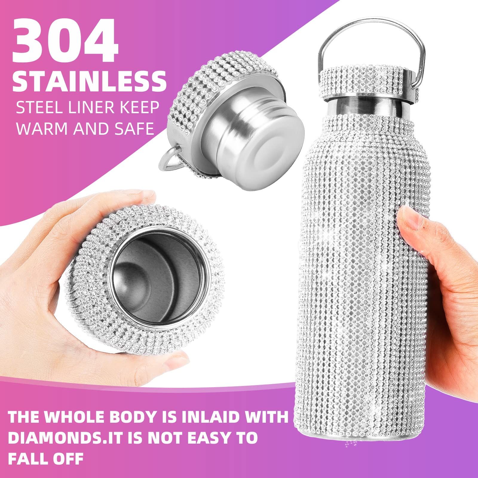 Bling Diamond Thermal Bottle,Glitter Water Bottles, Stainless Steel Thermal Bottle Refillable Water Bottle with Chain for Women — image 2
