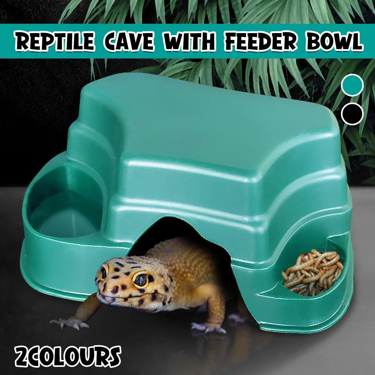 Plastic Reptile Hide Box Cave with Food Basin Easy Clean Snake Hiding Landscape - Black — image 4