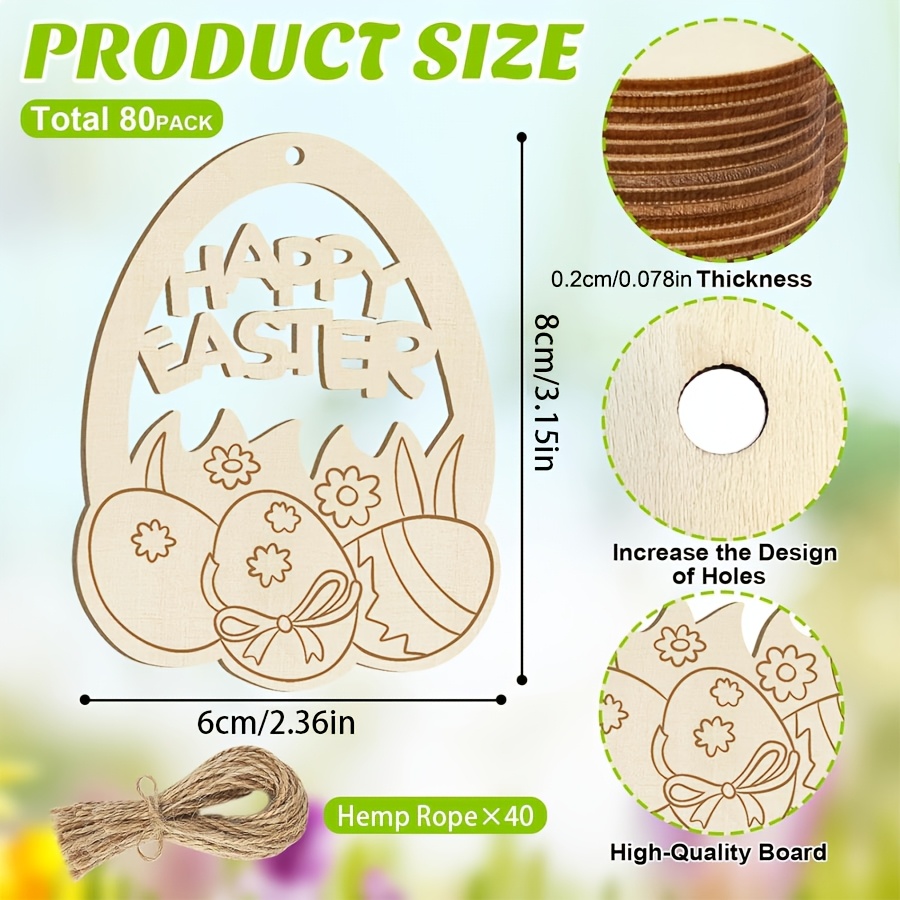 80pcs Easter wooden colored eggs, blank wooden pieces hand-made colored eggs, (including 40 hemp ropes and 40 wooden pieces) blank hanging decorative hand-made — image 4