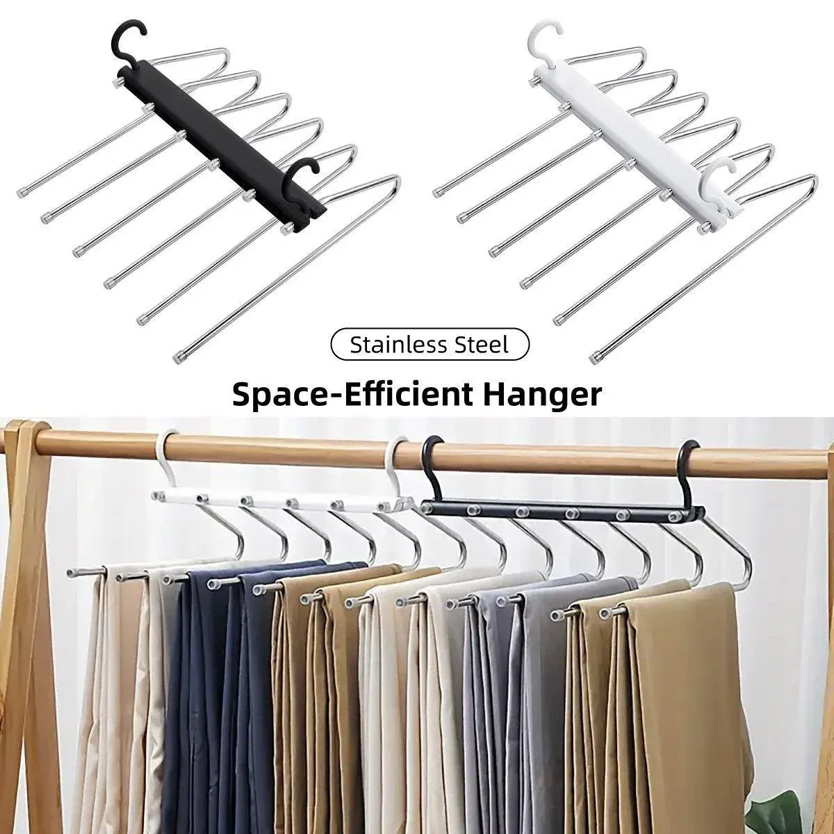 Stainless Steel Multi-Layer Pants Rack Folding Telescopic Anti-Slip Clothes Rack - White — image 2