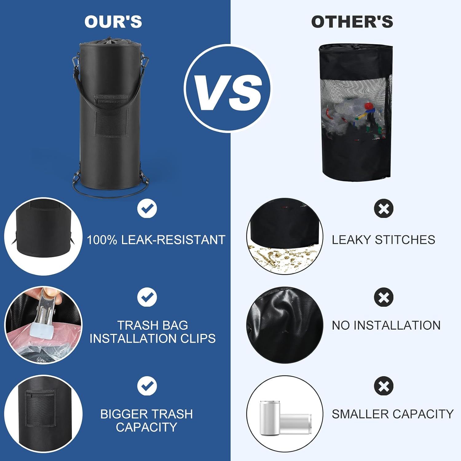 13 Gallon (49L) Waterproof Marine Trash Bag Holder with 6 Clips and Pocket, Reusable Waste Bin for Boat, Fishing, Sandbars & Camping, Black — image 3