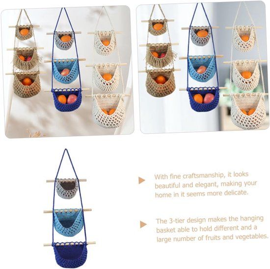 3 Tier Hanging Fruit And Vegetable Basket, Removable Woven Cotton Rope Wall Organizer For Kitchen Storage, Blue And Gray — image 2