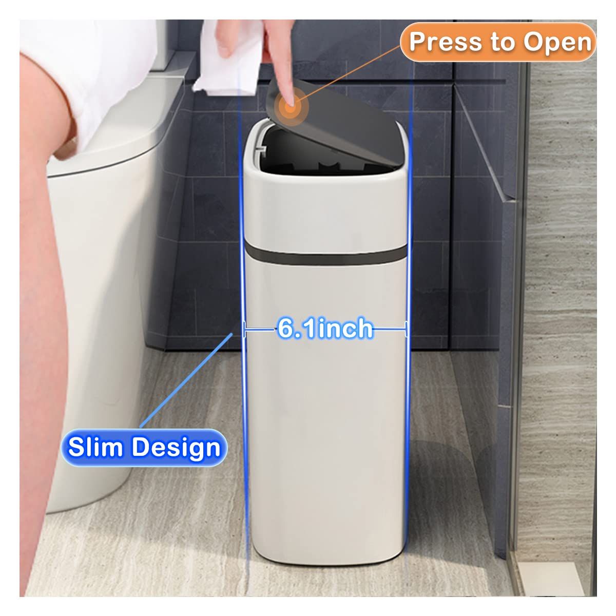 Plastic Trash Can with Lid,14 L/3.7 Gallon Garbage Can,Modern Grey Waste Basket Thin Trash Cans for Bathroom,Living Room