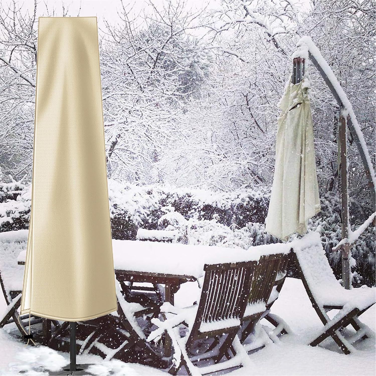 Waterproof 600D Parasol Cover with Zipper, Drawstring and Storage Pouch for Cantilever and Standing Parasols, Khaki, 190 × 50 × 30 cm — image 6