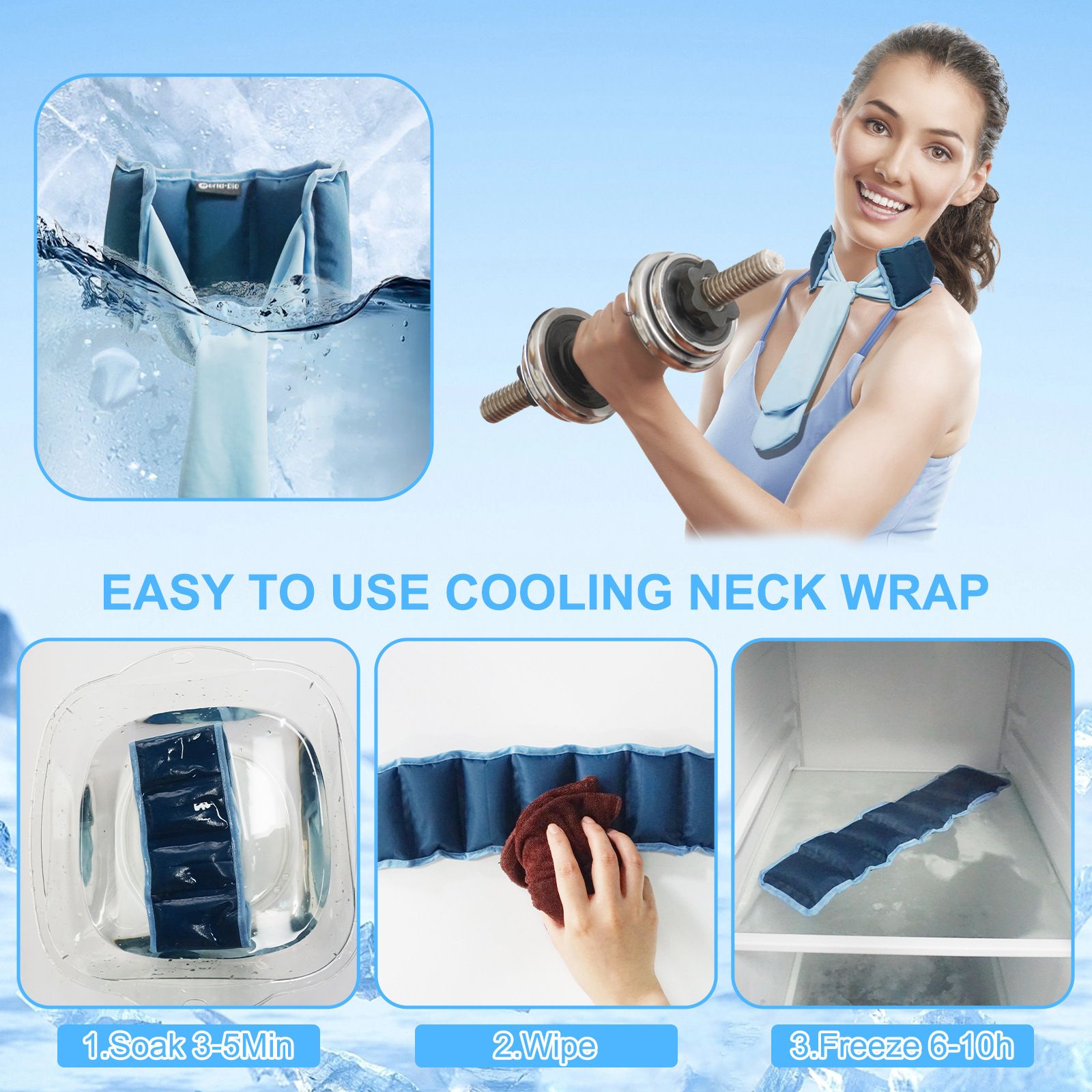 Blue and Grey Reusable Evaporative Physical Cooling Scarf – Long Ice Neck Wrap Bandana with Hydrogel Crystals for Outdoor Sports, Fitness & Heatwave — image 4