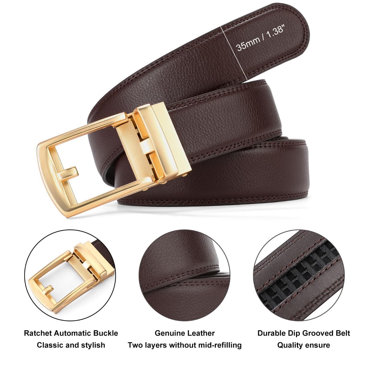 Ratchet Belt for Men Genuine Leather - Micro-Adjust Buckle Trim to Fit Dress Belt Casual to Formal Gift Boxed - Basic Gold - Brown - Size 34"-42" — image 6
