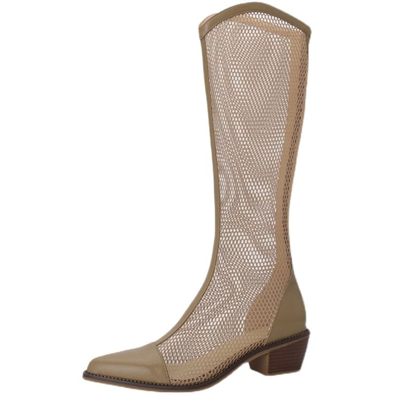Women Mesh Long Boots Chunky Heel Hollow Apricot 39 โ image 2