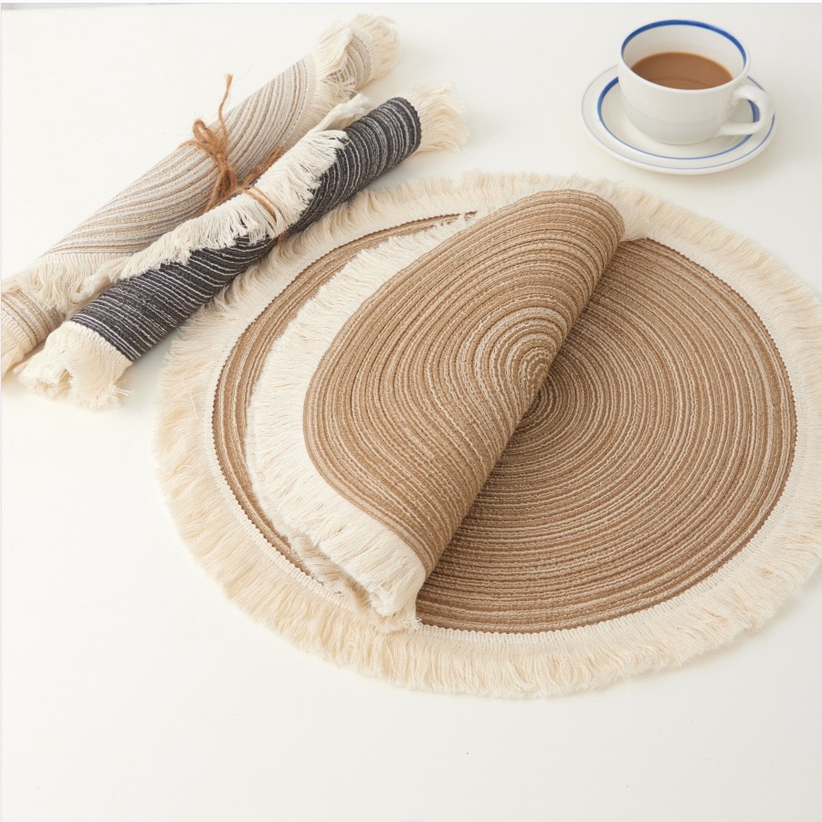 Grey Chic Round Woven Placemats with Tassel Fringe - Set of 4, Cotton Ramie Blend, Heat Resistant Table Mats — image 2