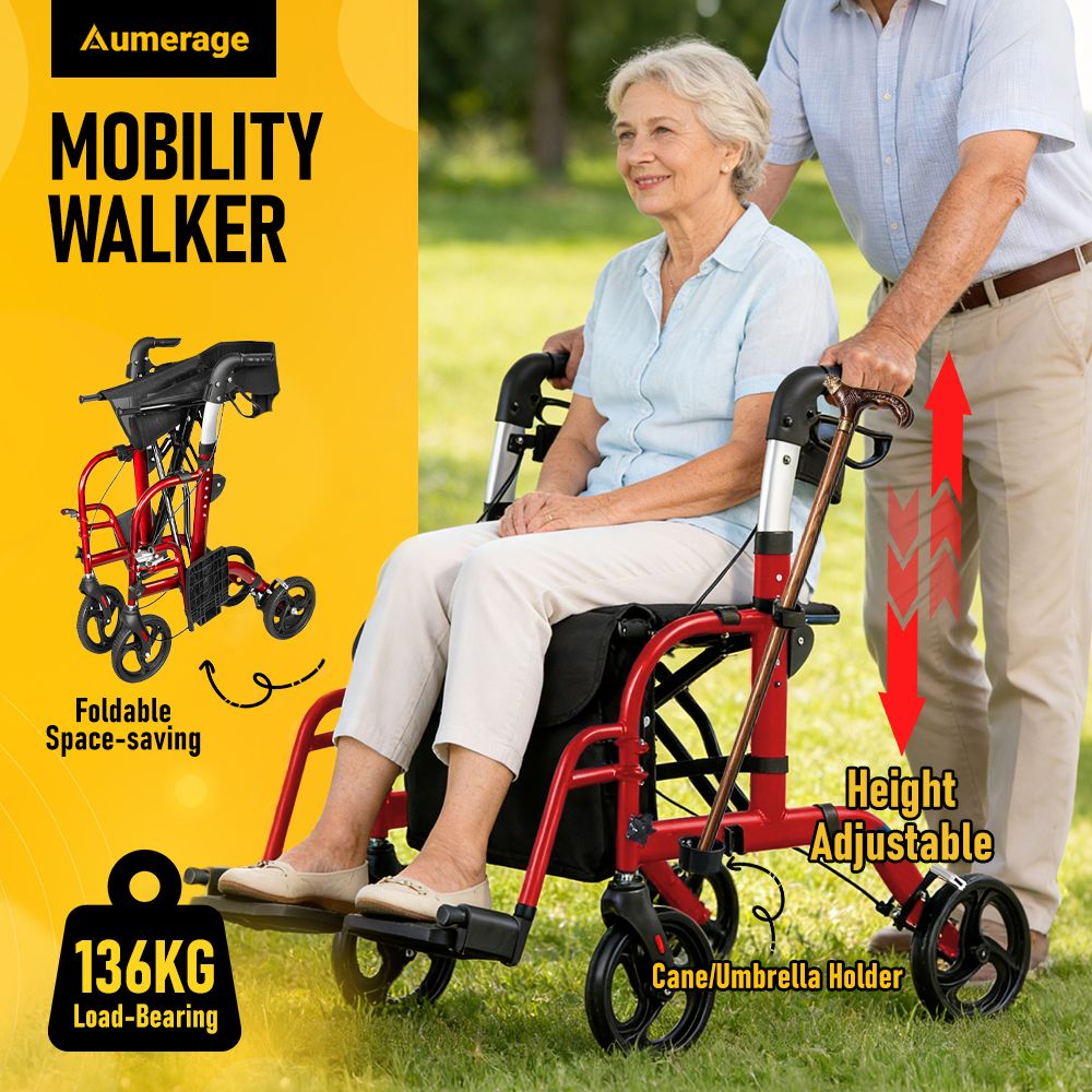 2-in-1 Foldable Aluminium Rollator Walker with Seat, Adjustable Handles, 8" All-Terrain Wheels, Detachable Storage Bag, 136kg Capacity, Lightweight Walking โ image 6