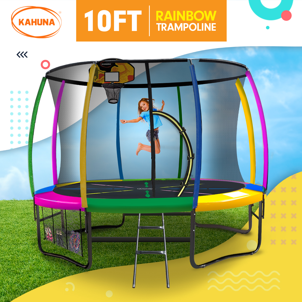 Kahuna 10ft Outdoor Trampoline Kids Children With Safety Enclosure Pad Mat Ladder Basketball Hoop Set - Rainbow โ image 3