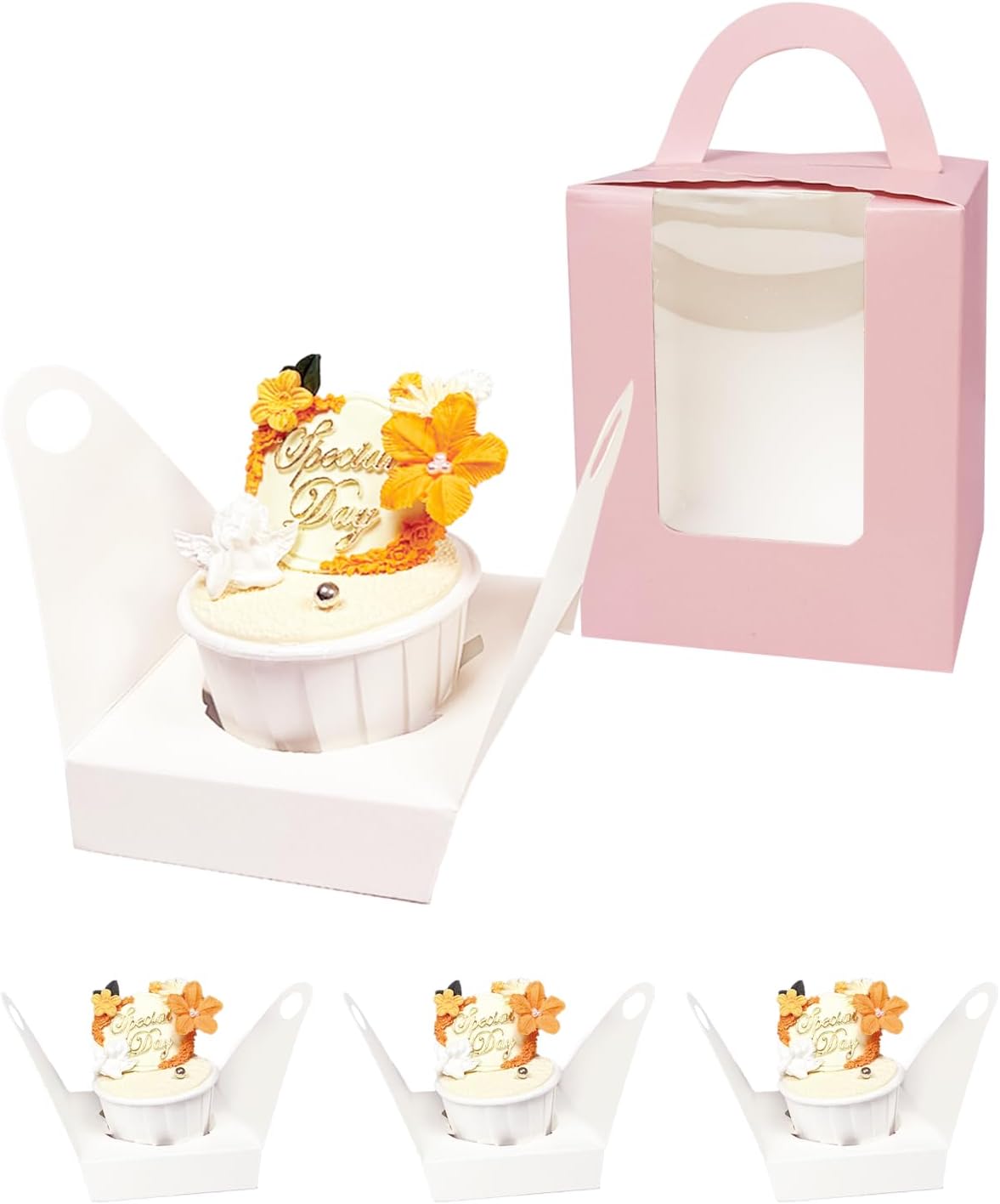 Auto-pop up Individual Cupcake Boxes with Window 25 Count Pink Single Cupcakes Box 3.7 x 4.3inch Cupcake Carrier — image 3