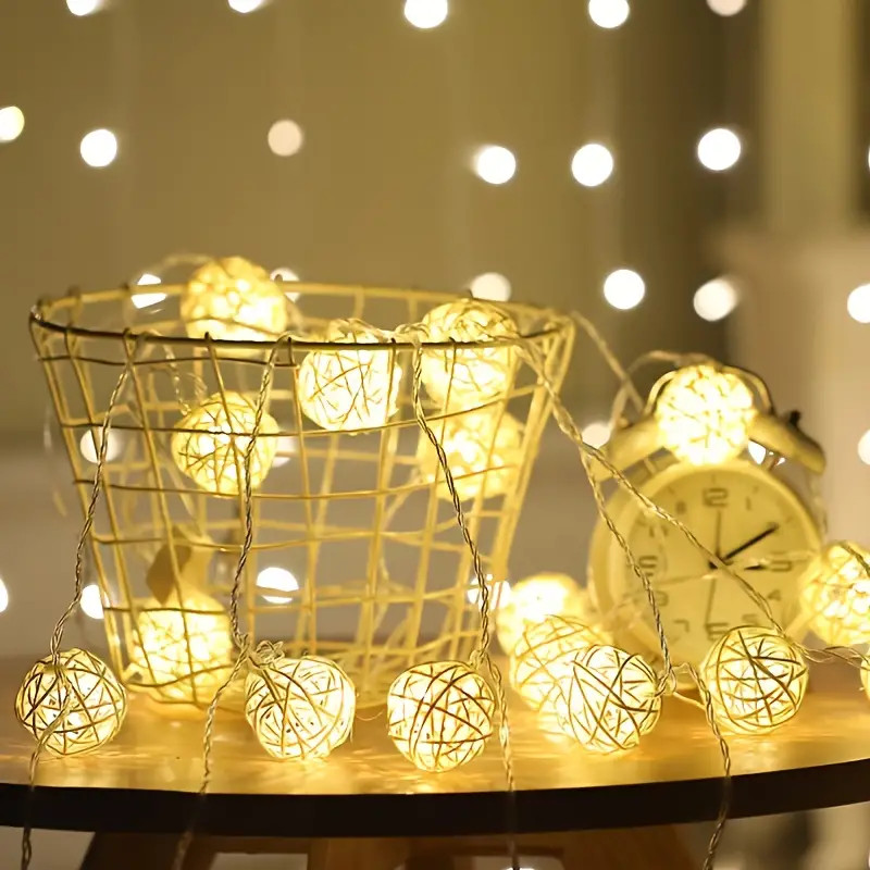 1 Set of Yellow 5cm Rattan Cane 50 Ball Battery Power LONG 5m String Lights Christmas Gift Home Wedding Party Bedroom Decoration Table Centrepiece — image 3