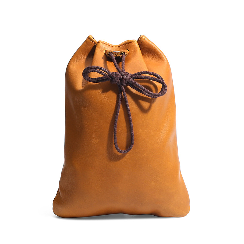 S Brown Handcrafted Genuine Leather Drawstring Pouch - Vintage Cowhide Coin Purse and Card Organizer - Portable Minimalist Storage Bag