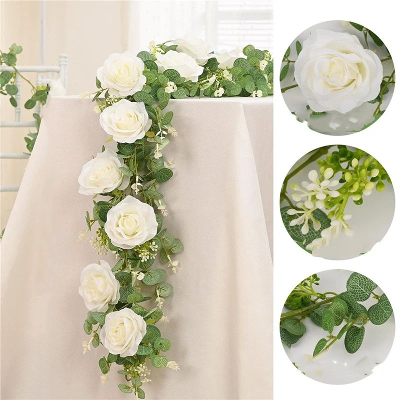 2 Packs 175cn Eucalyptus Garland with Flowers - 6White Roses, Artificial Flower Fake Rose Vine Faux Greenery for Wedding Backdrop Arch Table Wall Party Home — image 5