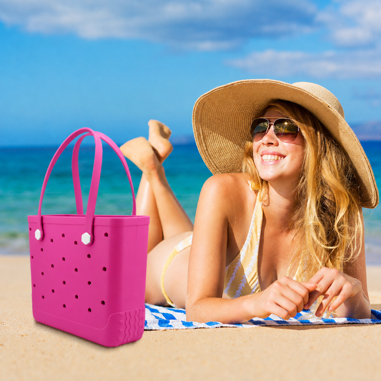 Waterproof Hexagon Mesh Beach Bag - Large Capacity Travel Storage Tote for Swimwear Towel Sunglasses - Rose Red Medium 37x32x13cm — image 5