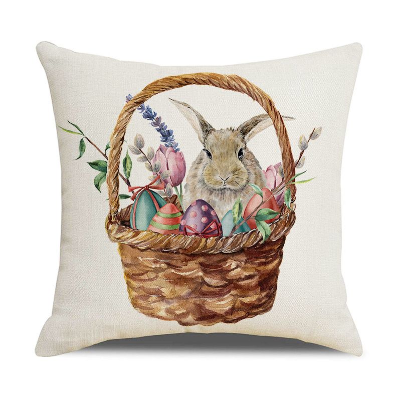 Easter Pillow Cover Set of 4 18 × 18 Inch Easter Bunny Rabbit and Eggs Cotton Linen Decorative Throw Pillow Case Spring Outdoor — image 3