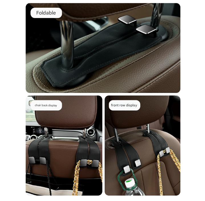 Coffee Heavy Duty Car Headrest Hooks (Set of 4 Units) - PU Leather Seat Back Organizer Hangers โ image 4
