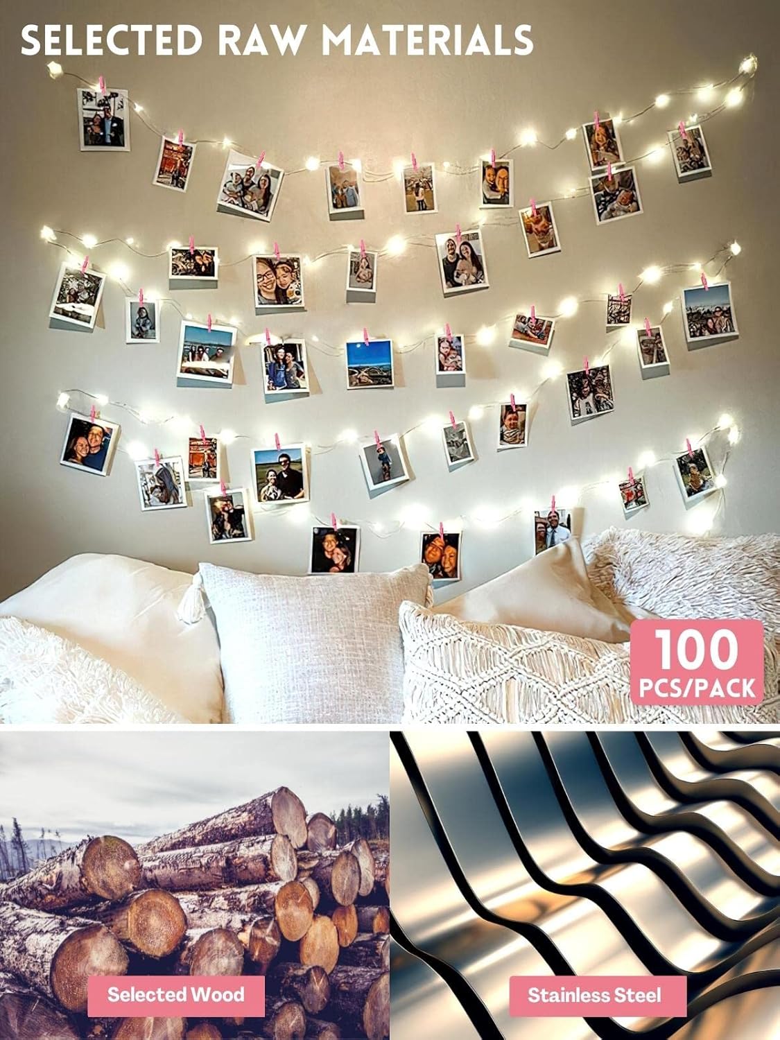 Mini Clothes Pins for Photo, Sturdy Natural Wooden Clothespins 150 Pcs 1 Inch with 33 FT Jute Twine, Small Clips for Crafts Display Baby Shower Game Hanging — image 2