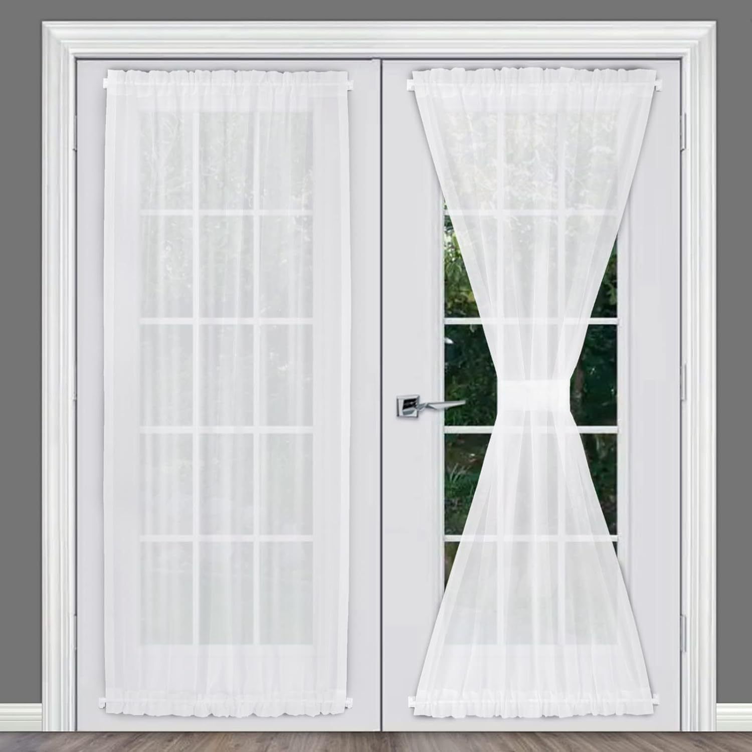 Pair of Sheer White French Door Curtains in 137 × 102cm Size. Our Sidelight Front Door Drapes Come with 2 Matching Tie-Backs