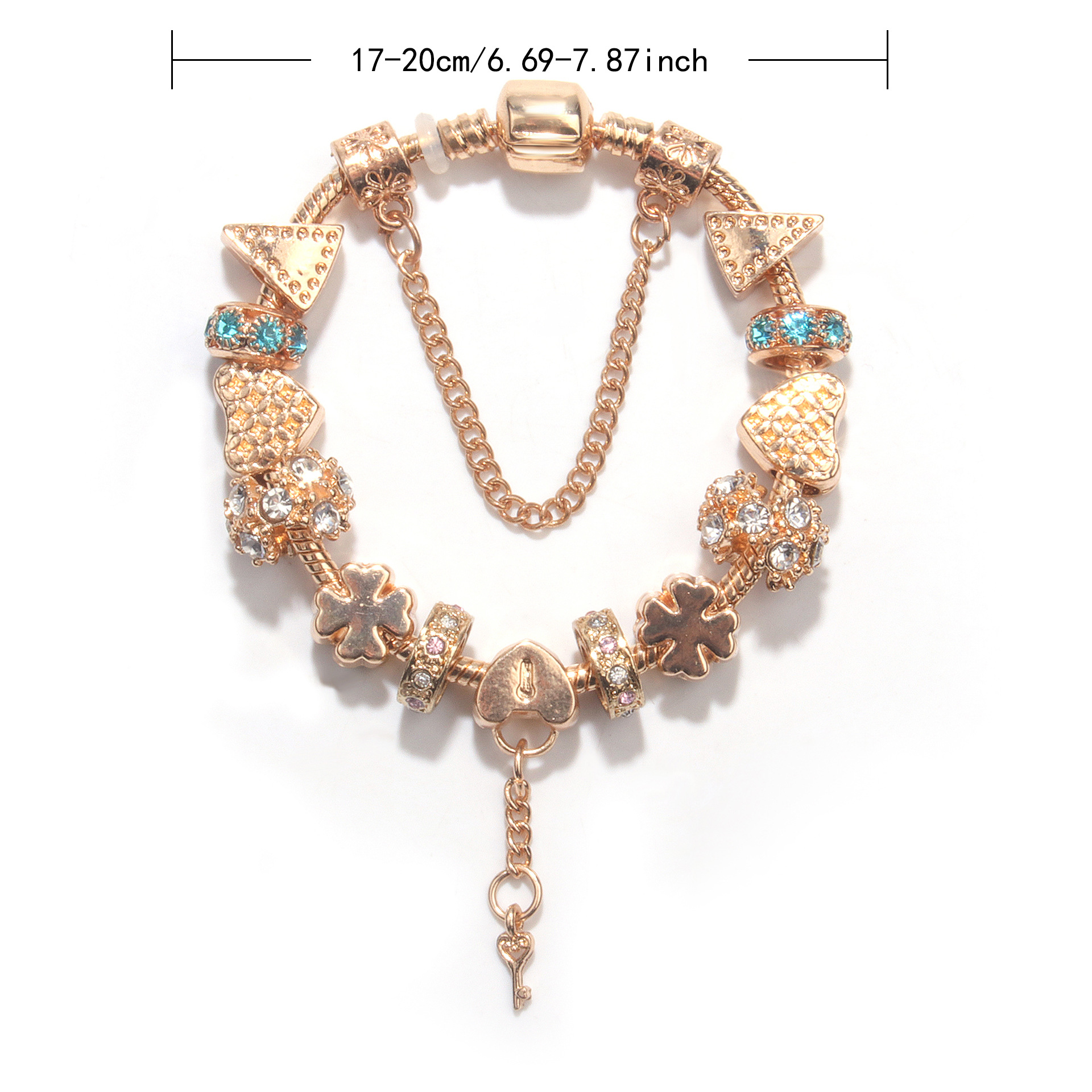 Rose Gold DIY Charm Bracelet with Crystal Heart, Clover & Key Pendant, Romantic Beaded Bracelet(18cm) โ image 2