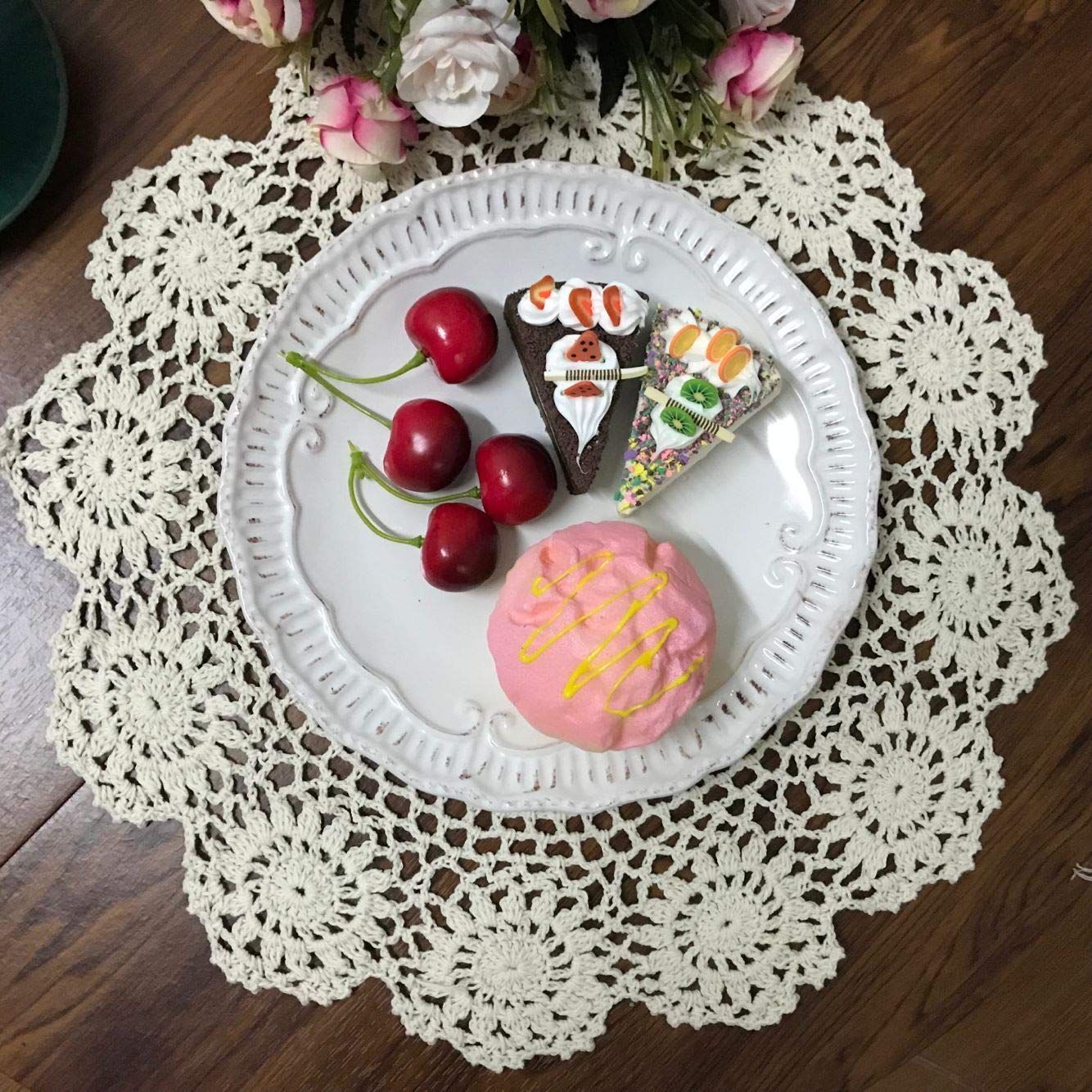 Beige 13 Inch Round Handmade Cotton Lace Tablecloths Placemats,for adding a vintage touch to your home decoration,2 PCS — image 3