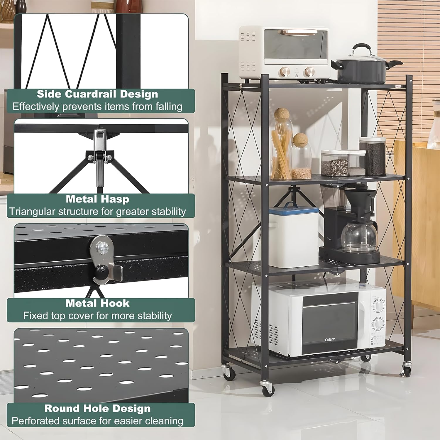 CARLA HOME 4-Tier Foldable Storage Shelf with Wheels for Kitchen, Garage, Pantry or Basement (Black) — image 5