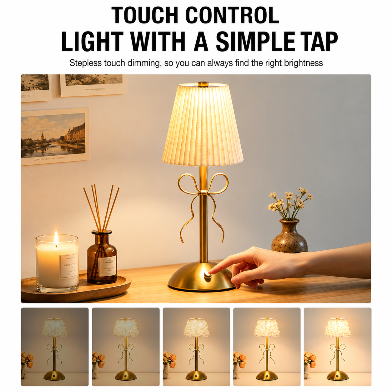 Creative Rechargeable Bow Table Lamp with Pleated Fabric Lampshade - Three Colour Soft Light, Touch Stepless Dimming, USB-C Cordless Bedside Decor โ image 4
