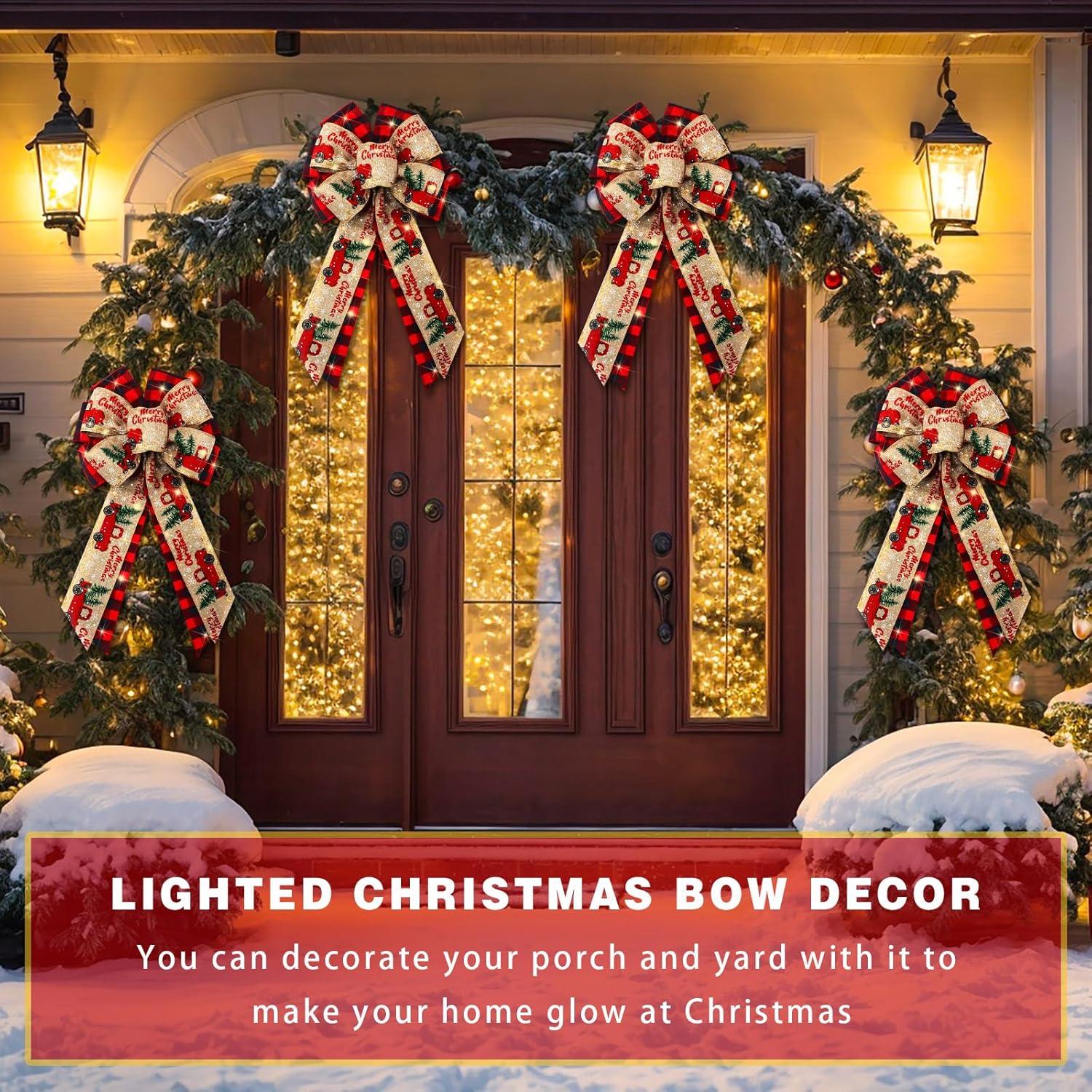 4 Pcs 10 x 18 Inch Christmas Buffalo Plaid LED Wreath Bow, Burlap Red Black Truck Pattern Lighted Bows, Xmas Tree Topper Ornaments Front Door Wall Stairs Decor — image 3
