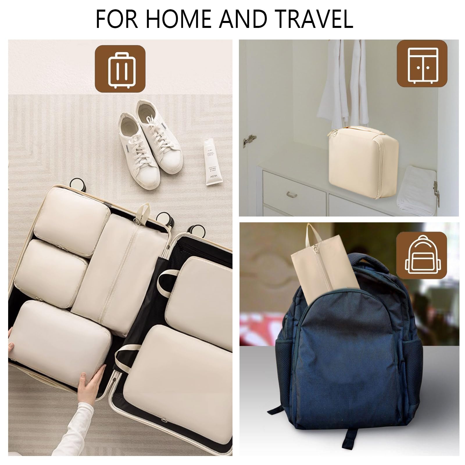 6 Pieces Travel Packing Cube Set with Water-Resistant Organiser Bags for Clothes, Shoes and Laundry, Space-Saving Luggage Storage, Beige — image 6