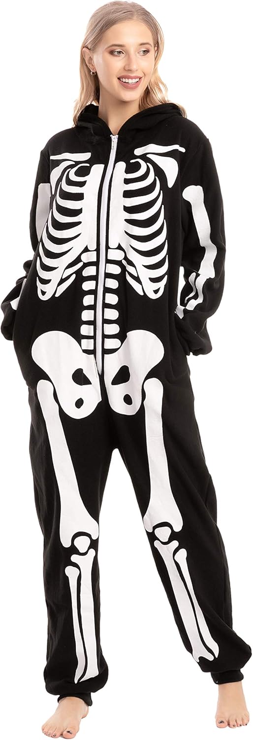 Unisex Skeleton Onesie Pajamas Plush Skeleton Jumpsuit Zipper Halloween Hoodie Pajamas for Adults Sleepwear Costume Black L — image 3