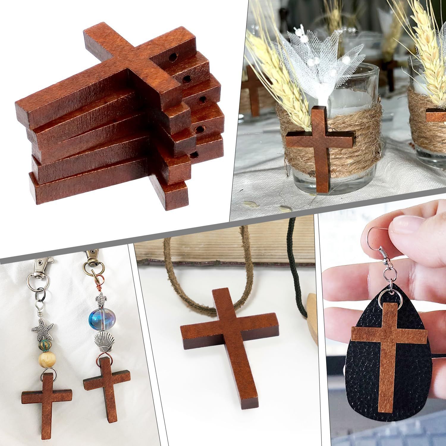 50 Pack Small Wooden Cross Pendants, Unfinished Wood Charms for Easter Crafts, Baptism Favours, Rosary Jewellery and DIY Decor, 3 x 4.1 cm — image 4
