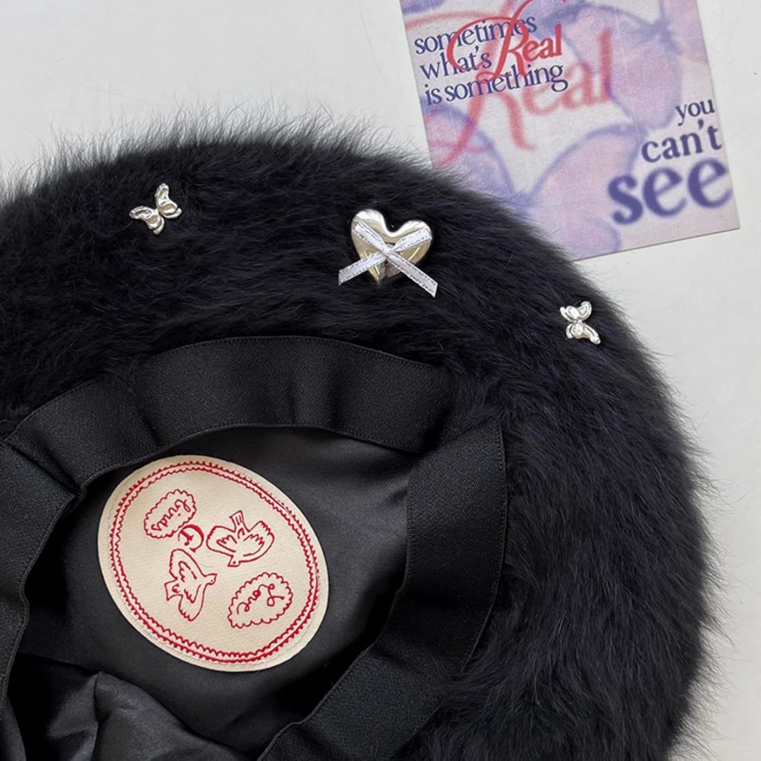 Fuzzy Faux Fur Beret with Heart Bow Butterfly Metal Gems for Women, Winter Atmosphere Artist Hat for A Slim Face Look โ image 6