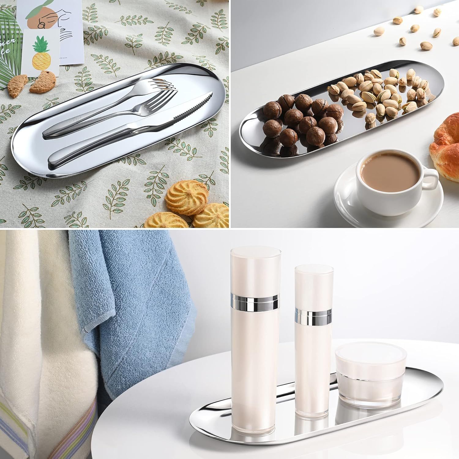 Silver Oval Vanity Tray, Stainless Steel Jewelry Tray, Bathroom Tray, Makeup Cosmetic Trays,Towel Napkin Tray,Storage Organizer,11.8 x 4.8 inches (L*W), Large โ image 6
