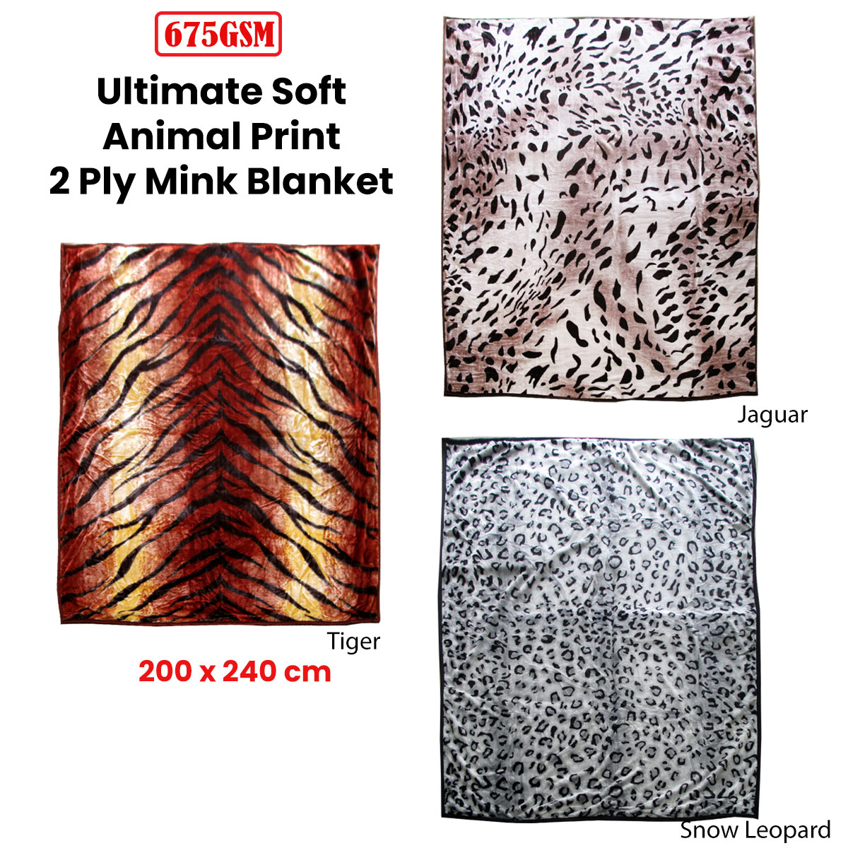 675gsm 2 Ply Animal Print Faux Mink Blanket Queen 200x240 cm Tiger — image 3