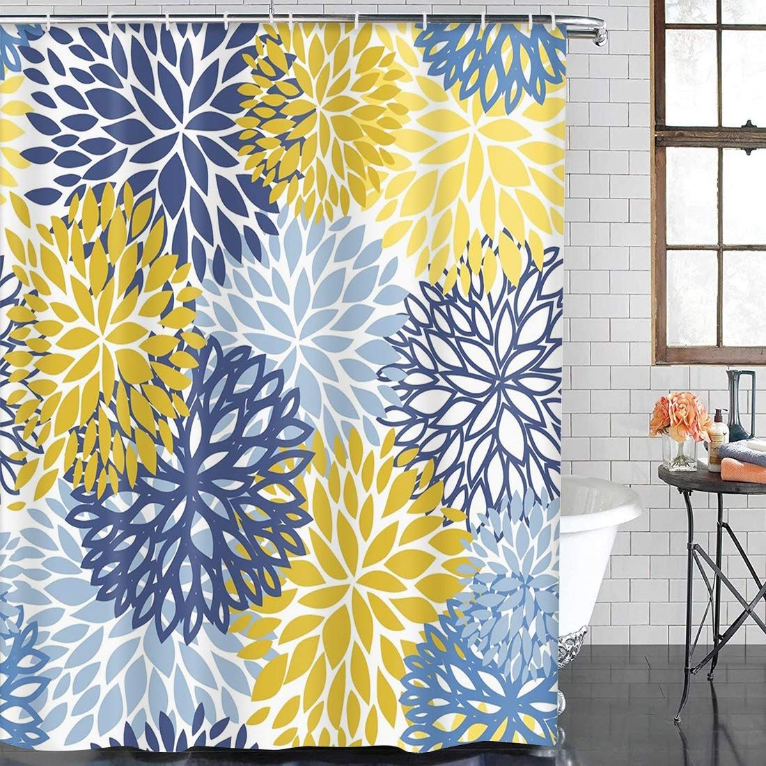 Shower Curtain Flower Blue Yellow and Navy Chrysanthemum Brown Waterproof Polyester Fabric Bathroom 72 x 72 Inches Set with Hooks โ image 2