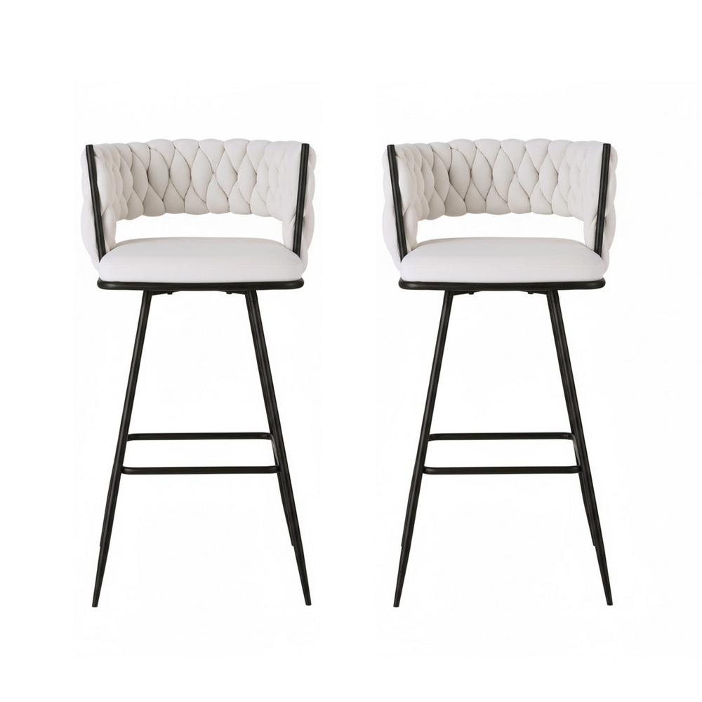 Artiss 2x Bar Stools Kitchen Dining Chair Counter Stool Woven Velvet Metal Ivory — image 3