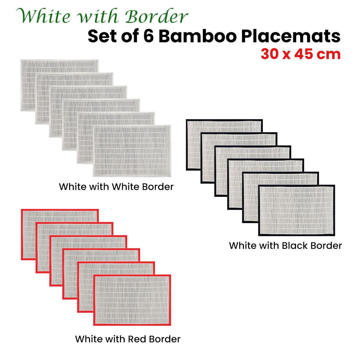 Set of 6 Bamboo Table Placemats White with Red Border 30 x 45cm — image 2