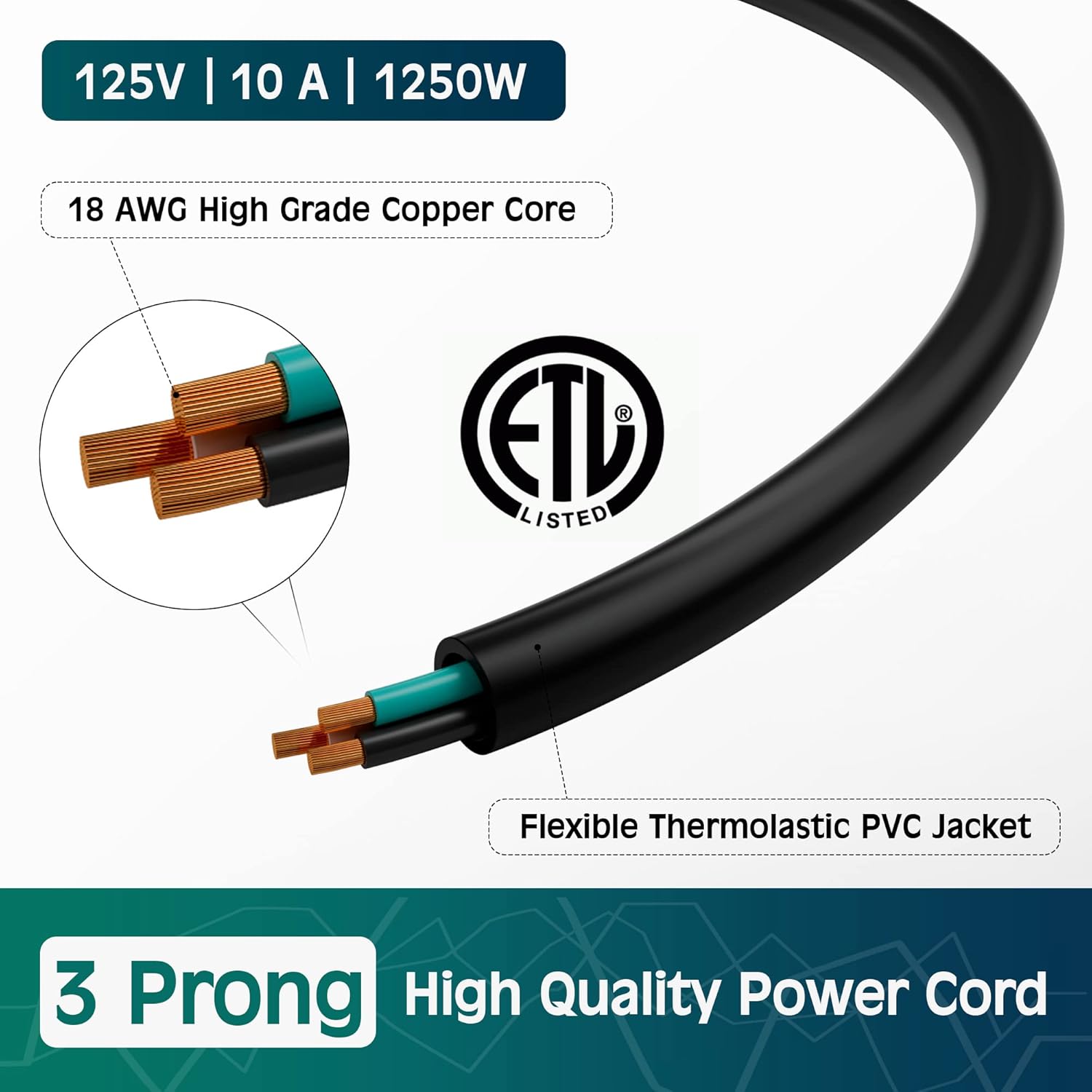 3-Prong Replacement Power Cord 10 Ft/2 Pack, Heatproof Flexible Durable AC Device Power Cable for Appliance, Computer, TV, Monitor, Printer, ETL Listed 18AWG — image 3