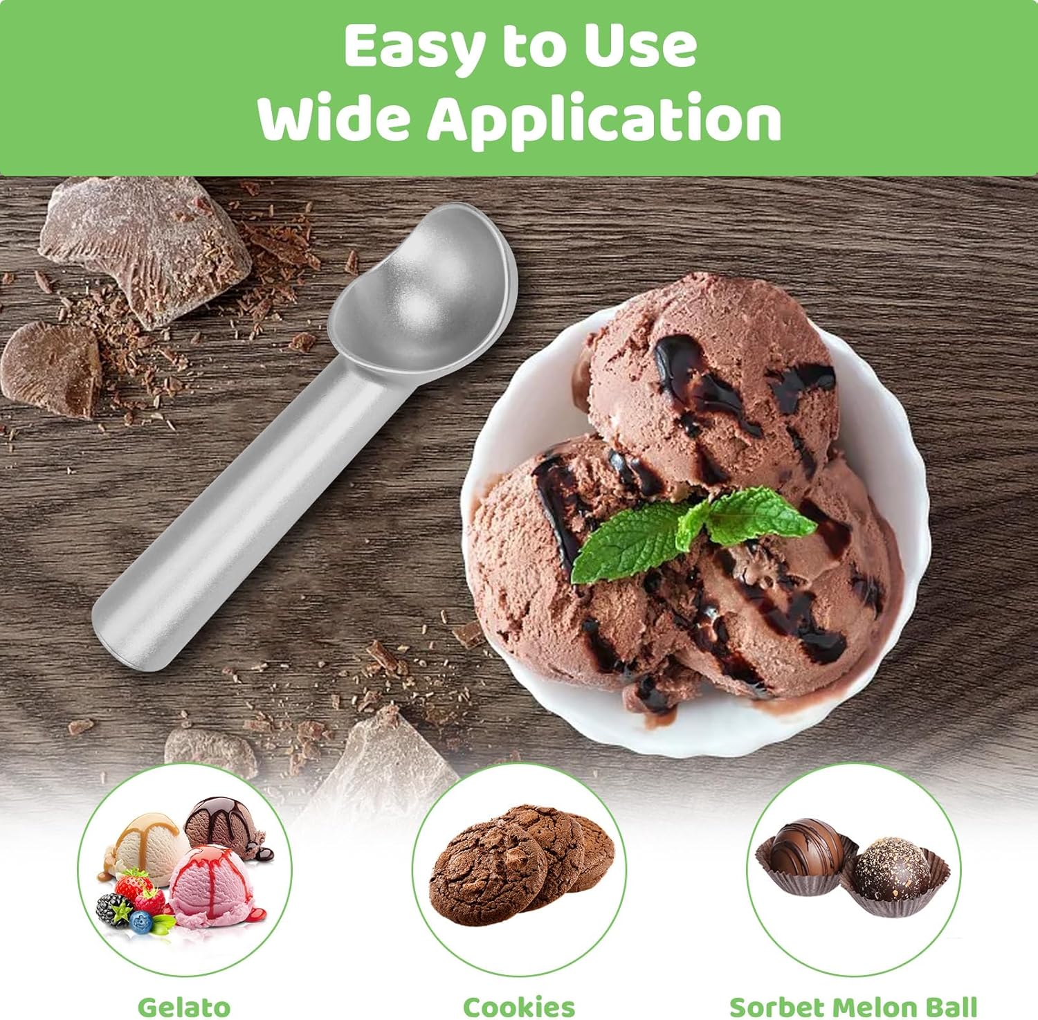 Ice Cream Scoop,7 inches Nonstick Anti-Freeze One Piece Aluminum Scooper Spoon, Heavy Duty Durable Design, Easy Clean, for Gelato, Cookie Dough, Sorbet, Almond — image 6