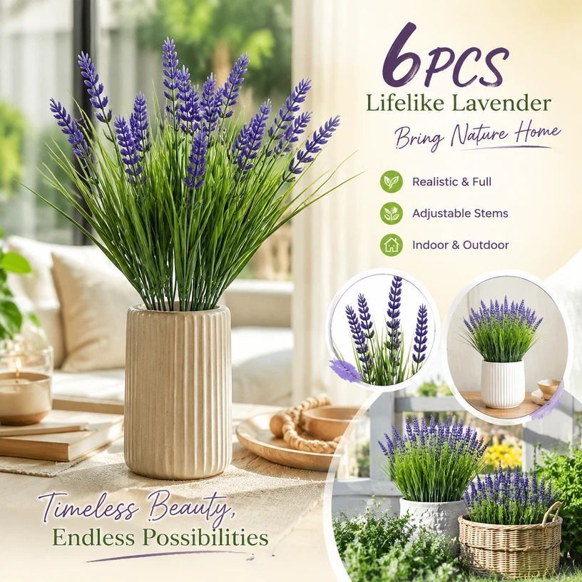 Purple 7 Branch Artificial Lavender Spring Grass Floral Display Stems 6 Pack