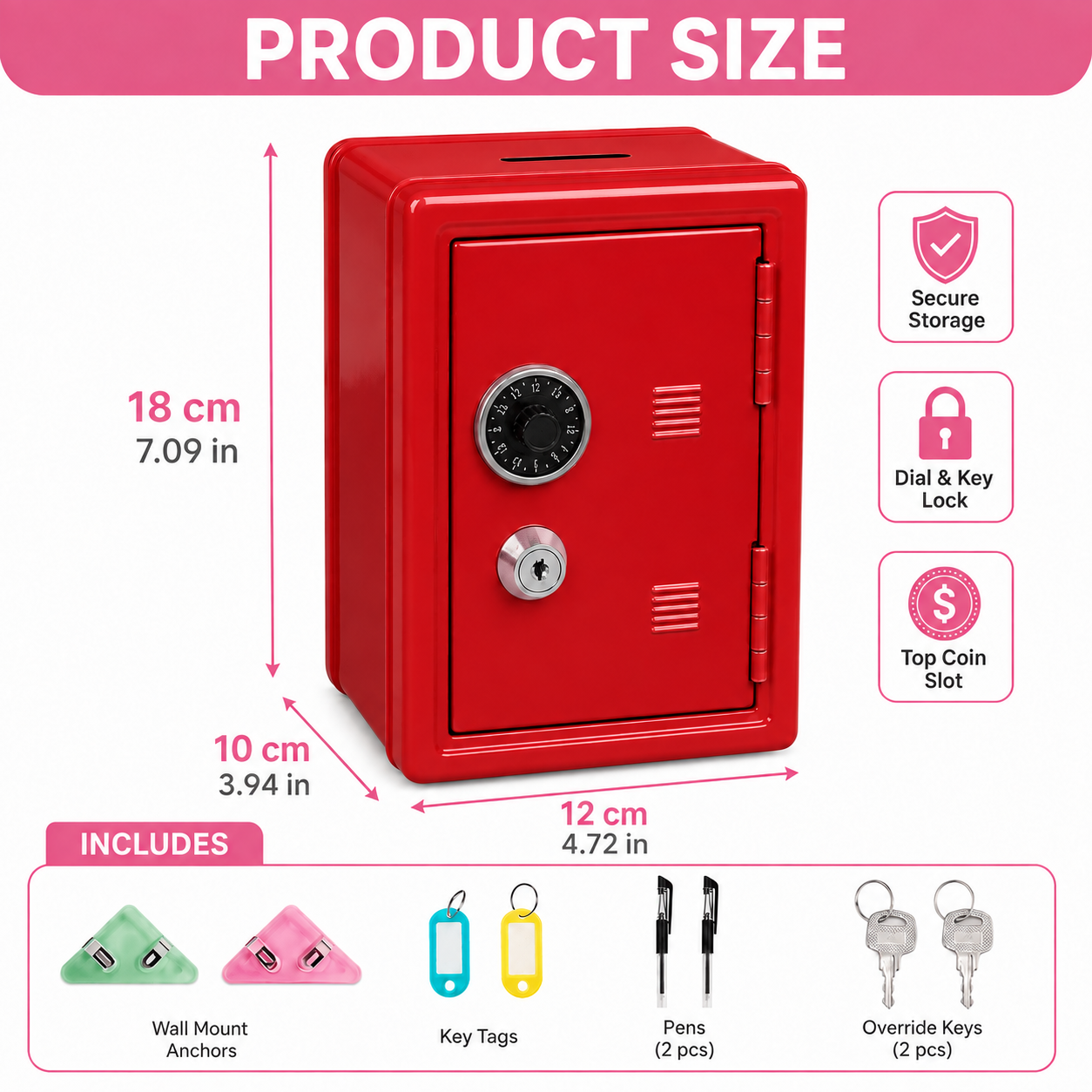 Lockable Metal Money Box, Cash & Coin Storage Box with Key Lock, Compact Piggy Bank For Kids & Adults, Office & Small Valuables-Red — image 5