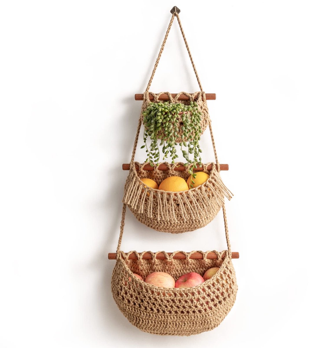 Hanging Fruit Basket - Hanging Storage - 3-Tier Over-the-Door Organizer - Woven Jute Wall Basket - Storage Bags - Over-the-Door Wall Organizer - For Entryway