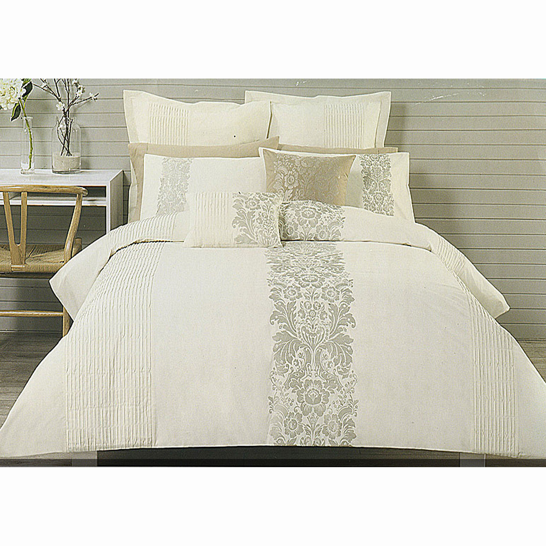 Catherine Cream Taupe Embroidery Quilt Cover Set QUEEN