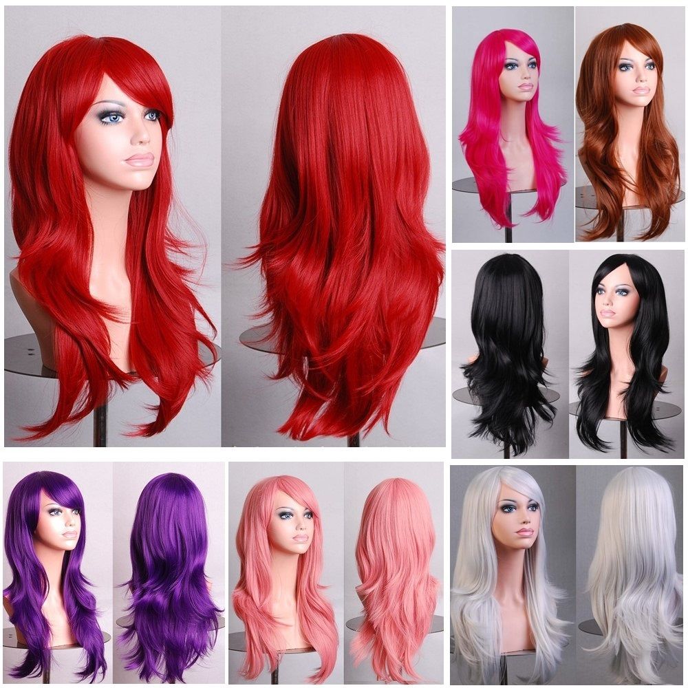 70cm Wavy Curly Sleek Full Hair Lady Wigs w Side Bangs Cosplay Costume Womens, Aqua — image 2