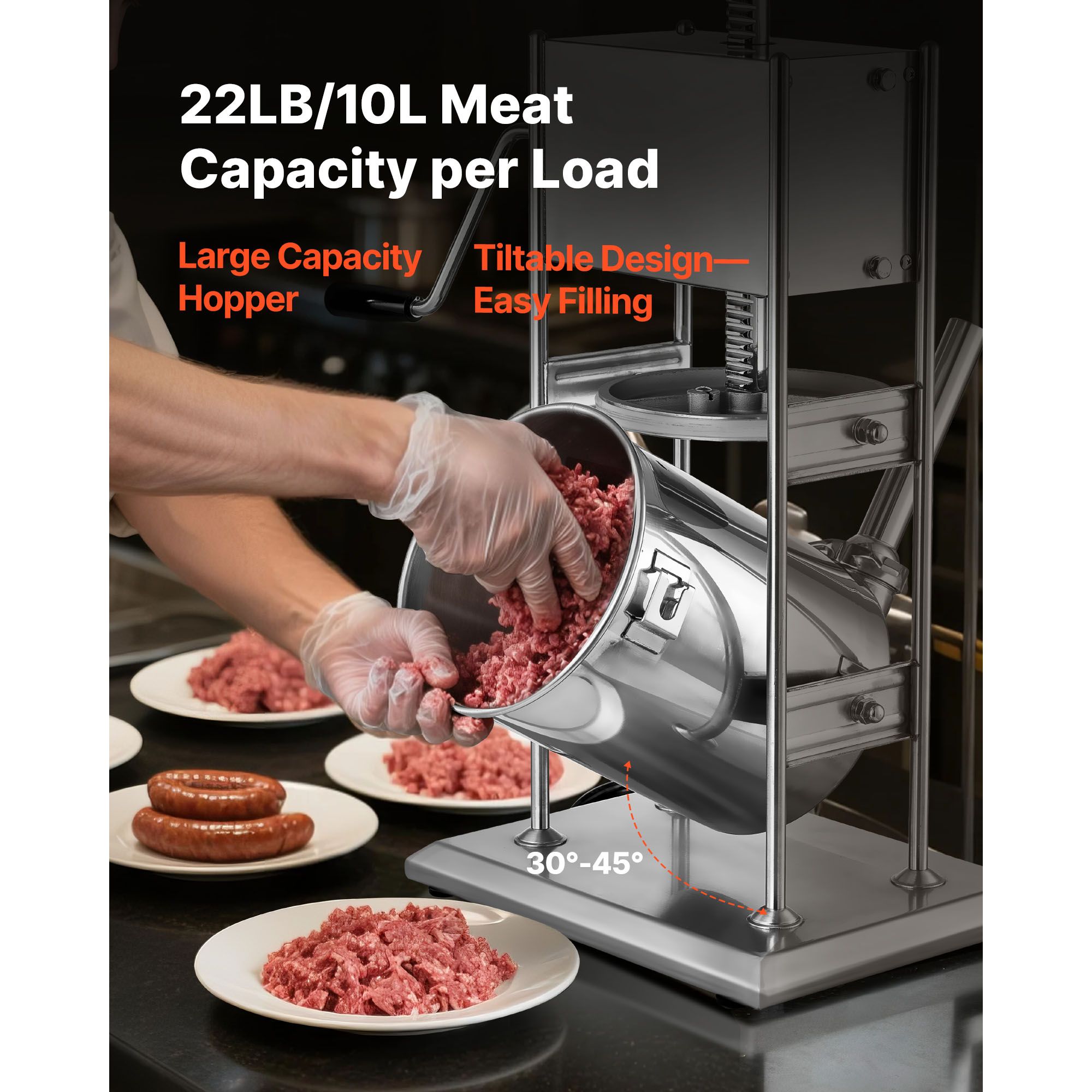 Manual Sausage Stuffer, 22 LBS / 10 L Vertical Meat Stuffer, Dual-Speed Sausage Casing Meat Filling Machine, Stainless Steel Heavy Duty Filler with 5 Stuffing — image 4