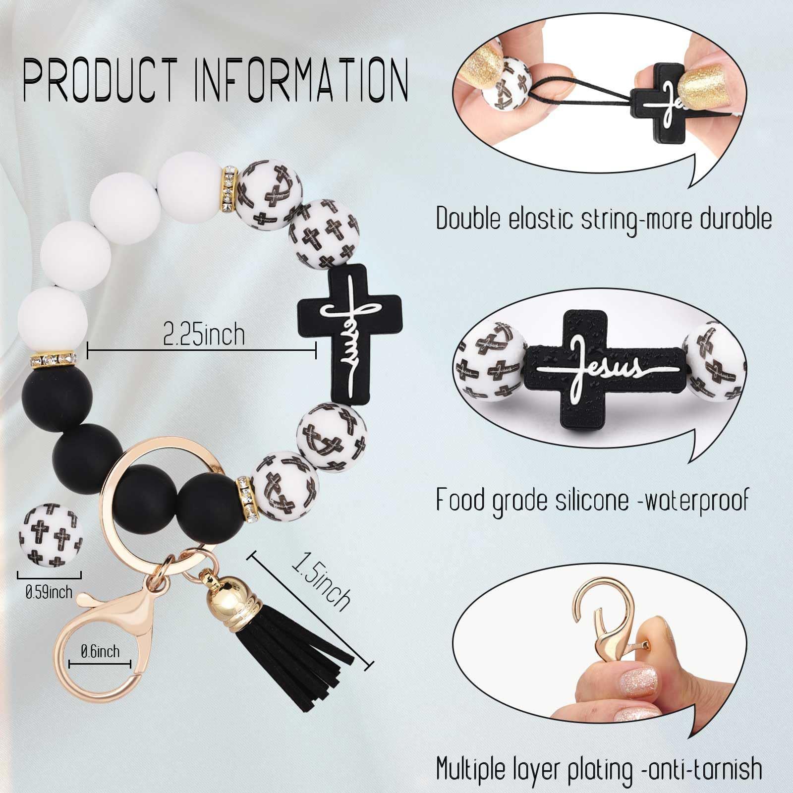 Black and White Silicone Bead Keychain with Cross Charm, Rhinestone Ring &short Tassel - Religious Silicone Beaded Key Ring, Lightweight & Durable โ image 5