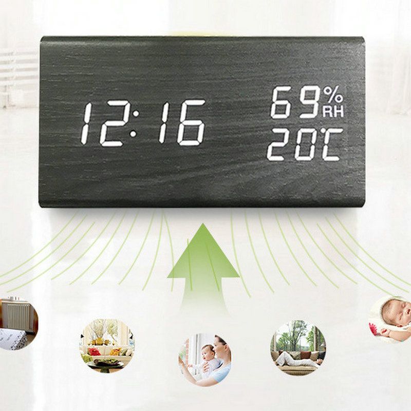 Digital Alarm Clocks Wooden LED Time Display for Bedrooms with Humidity&Temperature Detect Smart LED Digital Clock — image 3