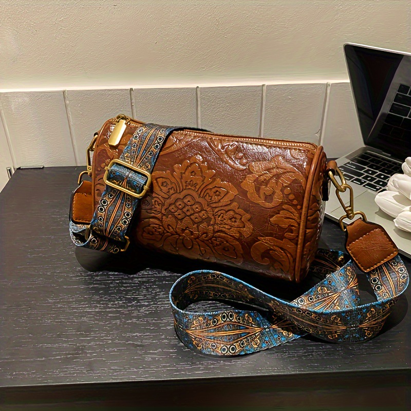 Brown Vintage Embossed Crossbody Barrel Bag with Wide Adjustable Guitar Strap โ image 2