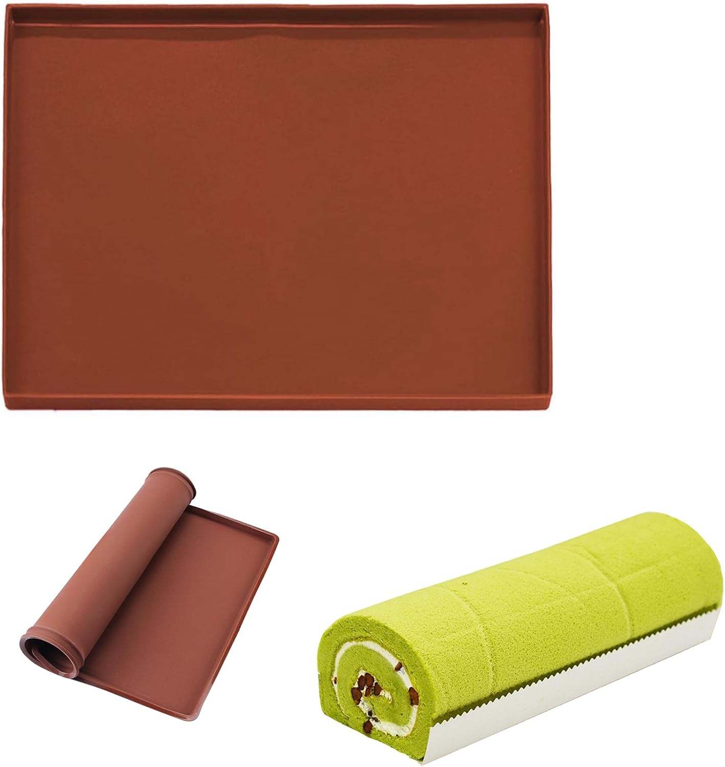 Silicone Sponge Cake Mat 30x40x1cm Swiss Roll Baking Mat for Rolling - Flexible with Rim (Brown) Brown