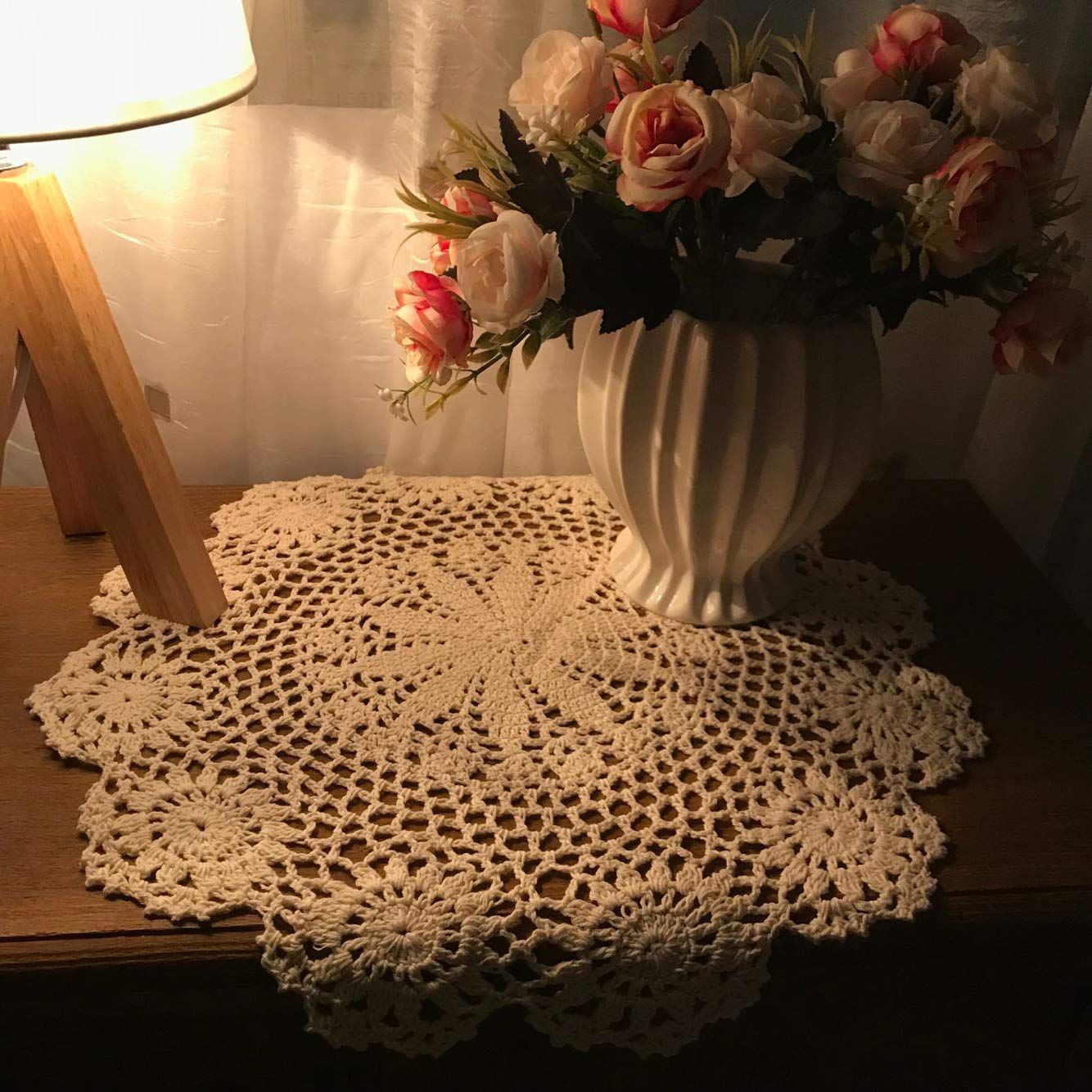 Beige 13 Inch Round Handmade Cotton Lace Tablecloths Placemats,for adding a vintage touch to your home decoration,2 PCS — image 4